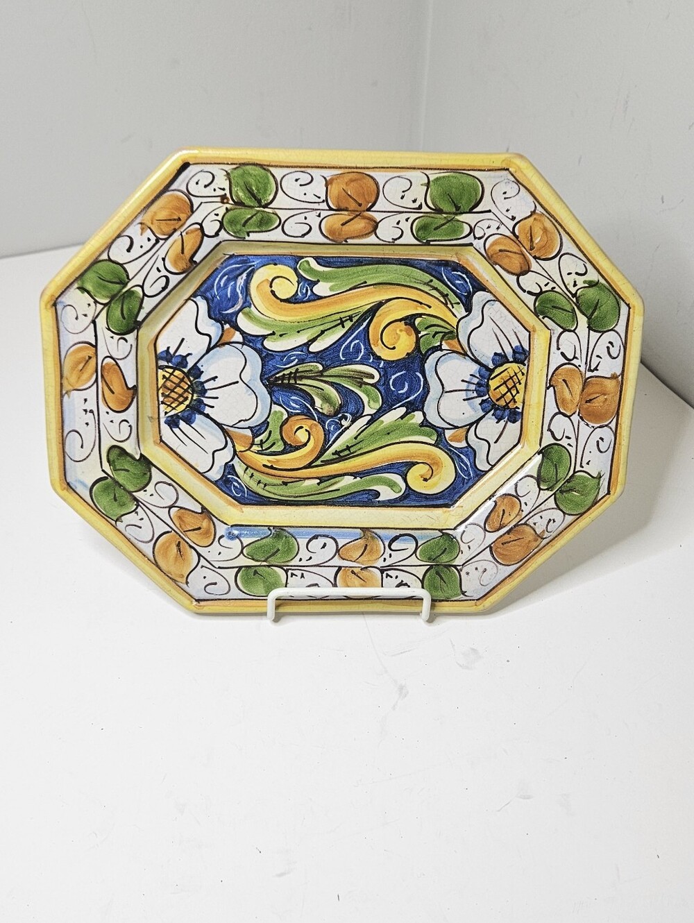 Caltagirone Platter Hexagonal Majolica Floral Green Yellow Blue 12×9" Italy